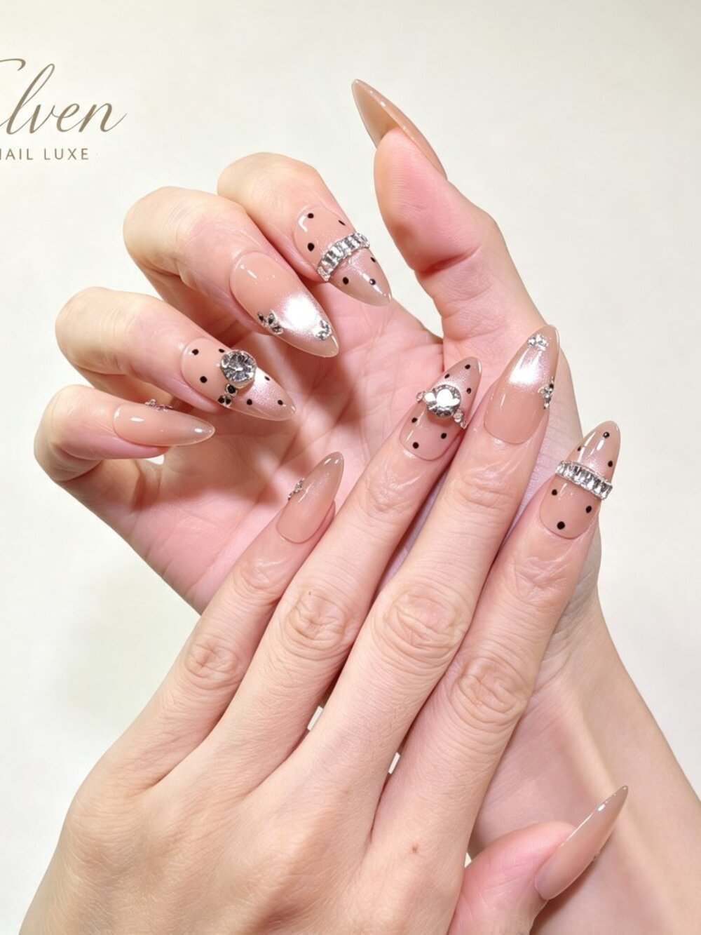 Nude Cat Eye Press On Nails With Crystals And Polka Dots Medium Almond Nails